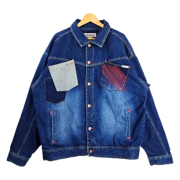 Vintage Platinum FUBU Denim Jacket Mens XL Blue Hip Hop Y2K Embroidered Jean Y2K